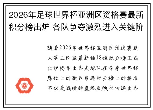 2026年足球世界杯亚洲区资格赛最新积分榜出炉 各队争夺激烈进入关键阶段