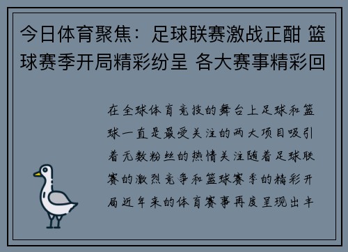 今日体育聚焦：足球联赛激战正酣 篮球赛季开局精彩纷呈 各大赛事精彩回顾