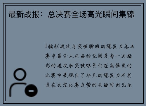 最新战报：总决赛全场高光瞬间集锦