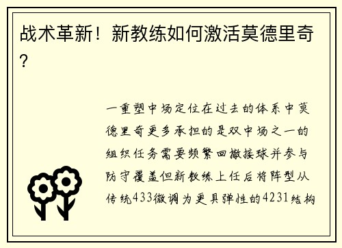 战术革新！新教练如何激活莫德里奇？
