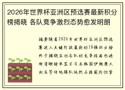 2026年世界杯亚洲区预选赛最新积分榜揭晓 各队竞争激烈态势愈发明朗 2026年世界杯亚洲区预选赛最新积分榜揭晓 各队竞争激烈态势愈发明朗